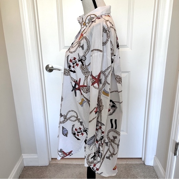 Zara White and Red Casual Button Down Shirt Dress Nautical Print SZ L - Picture 3 of 7